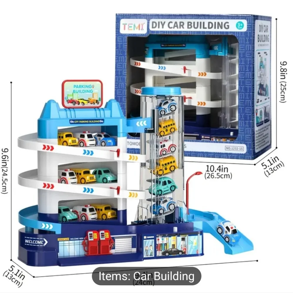 Garage Building Parking Lot Toy Set Perfect Gift Includes 4 Vehicles and Playmat